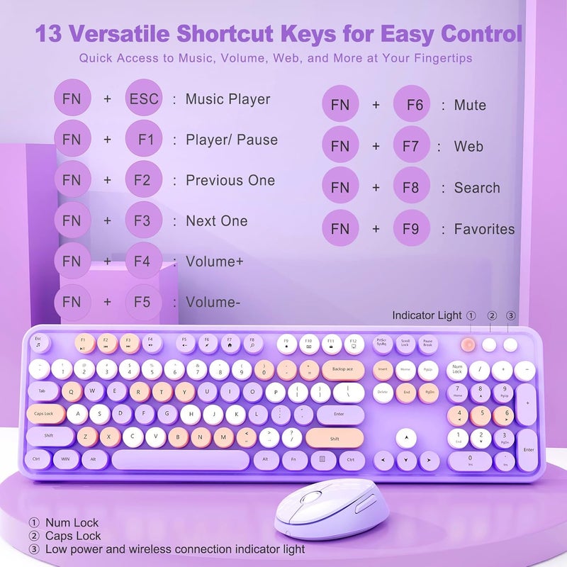 Nowlike Wireless Keyboard and Mouse Combo, Retro Typewriter Keyboard with Round Keycaps, Full-Size Ergonomic, Purple, Ideal for Windows PC, Home, Office, and College - Image 3